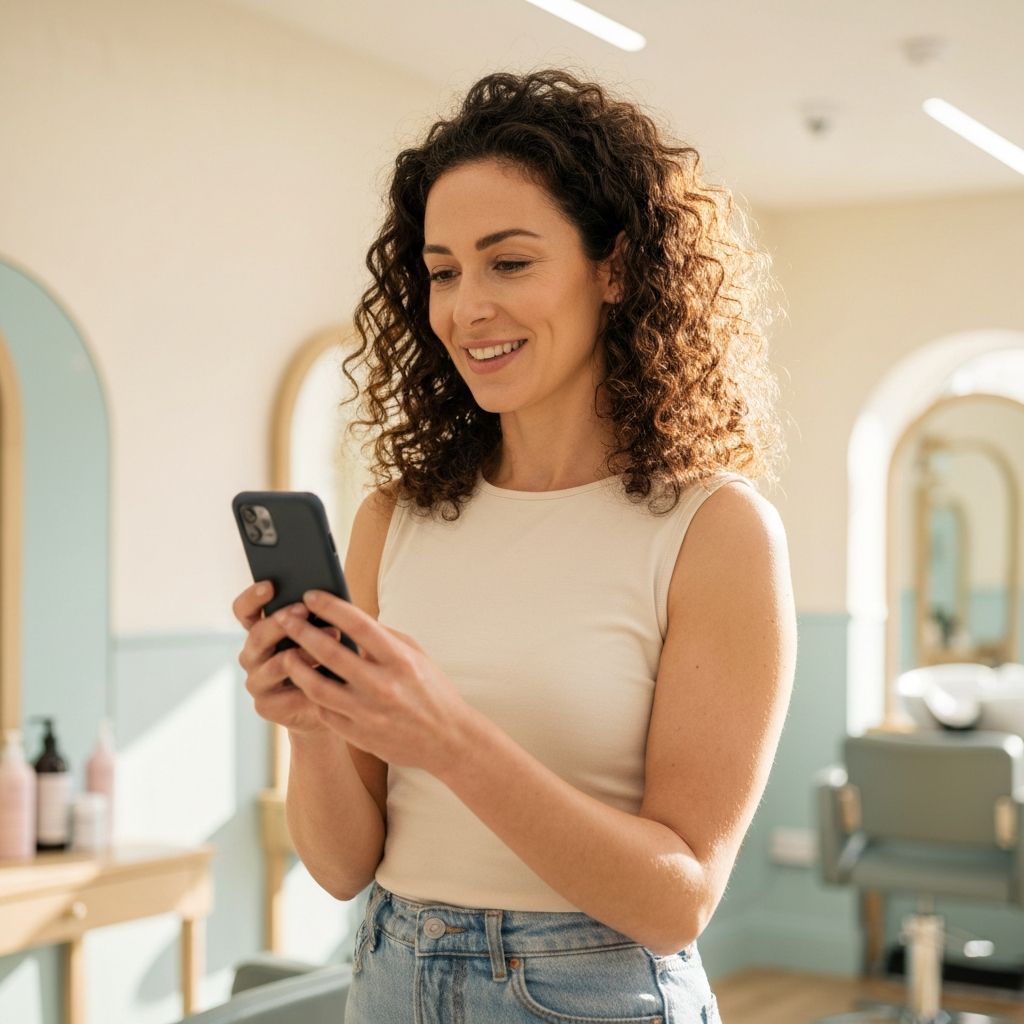 Local business owner smiling at her phone in a bright salon