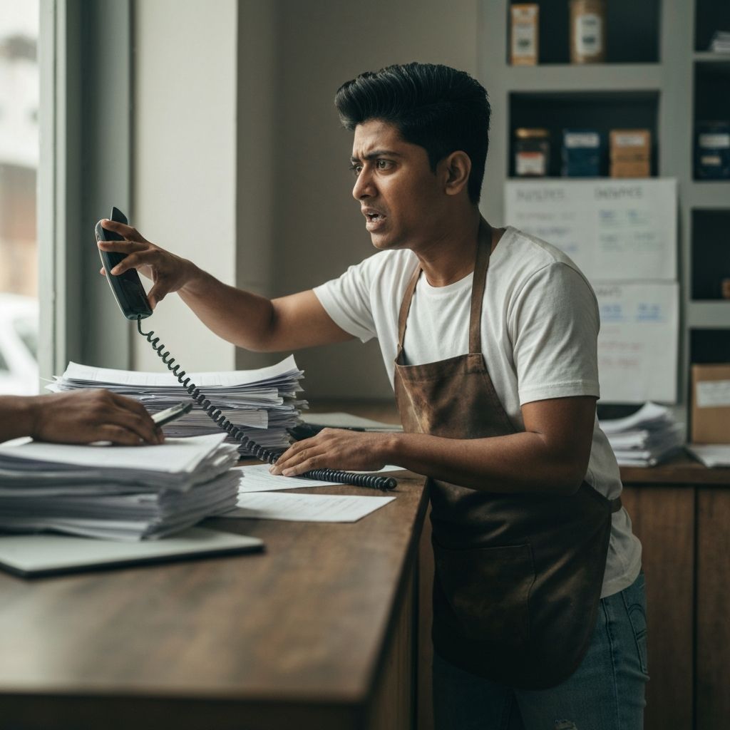 A small business owner busy with a customer, unable to reach the phone