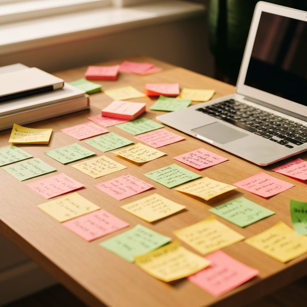 Sticky notes with reminders piled on a desk
